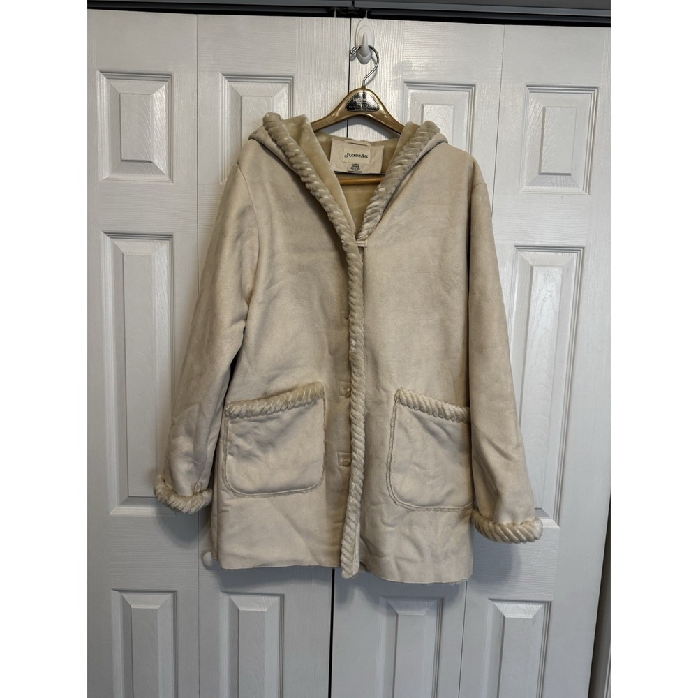 St John's Bay Faux Suede Shearling Coat Cream White Faux Fur Trim Womens L Hood
